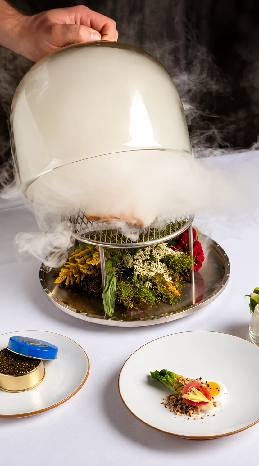 A hand lifts a smoking cloche over a dining table