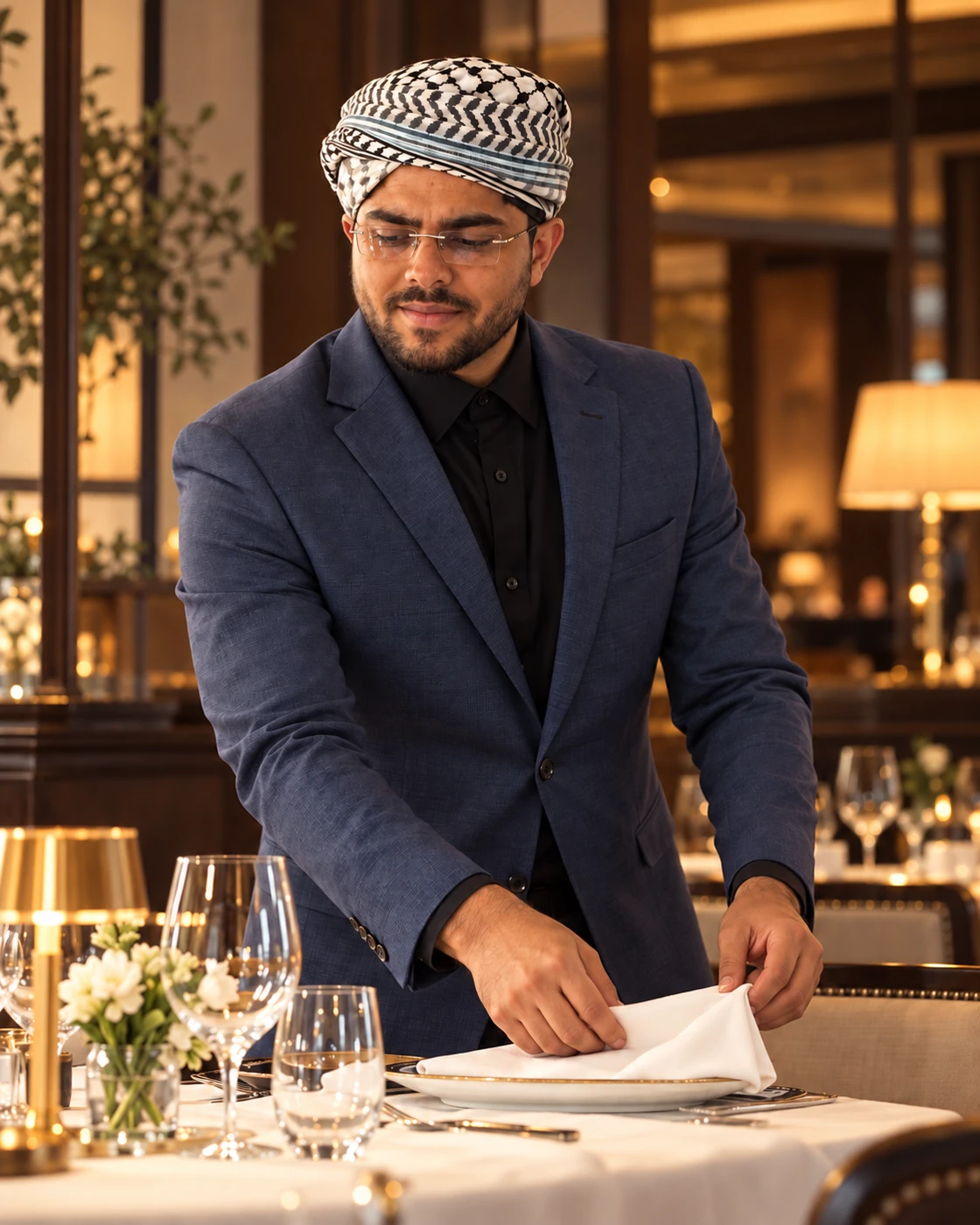 Saurav Gurjar smiling while arranging a restaurant table setting