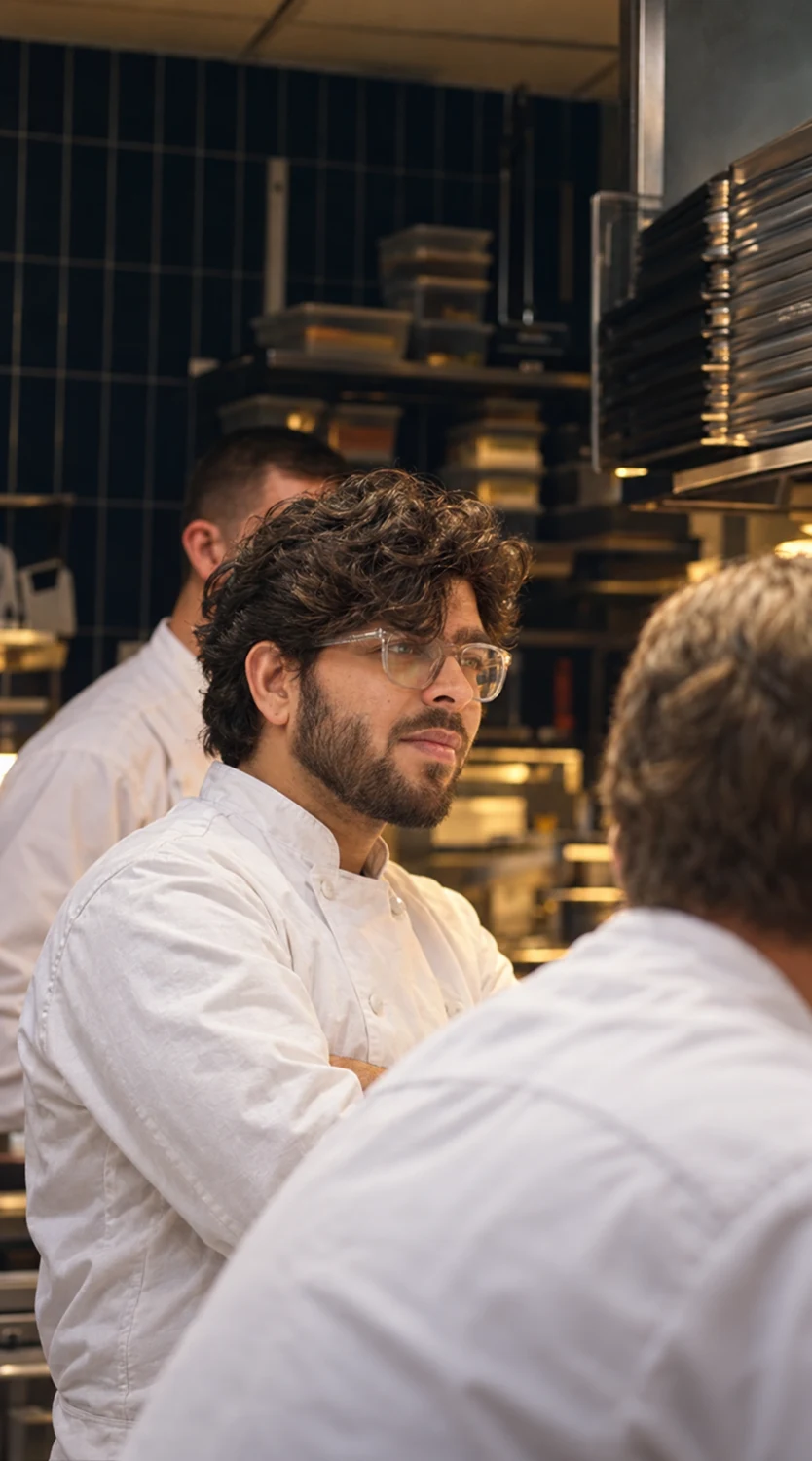 Illustrative portrait of Saurav Gurjar listening among chefs